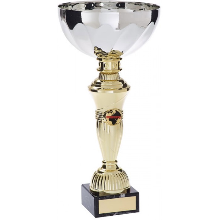 SILVER METAL TROPHY CUP ON GOLD RISER WITH CUSTOM CENTRE AVAILABLE IN 5 SIZES